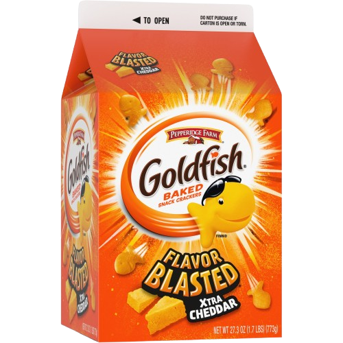 a giant carton of goldfish extra cheddar